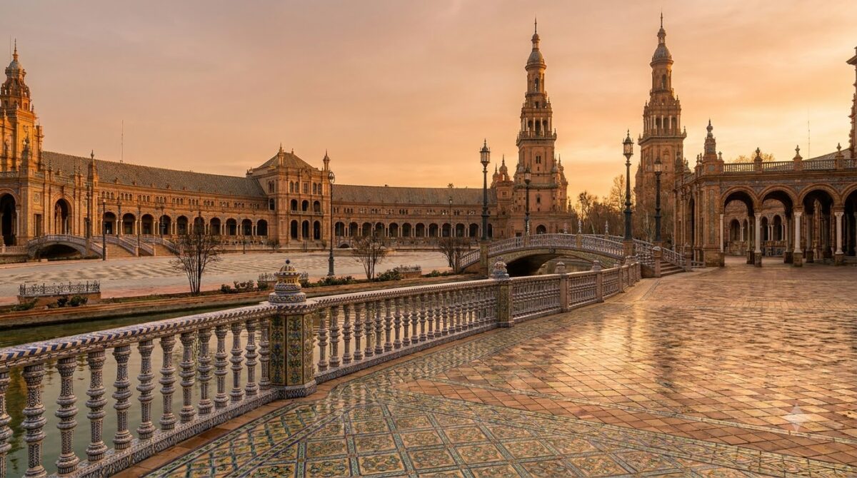 The tiled semicircular Plaza de Espana in Seville