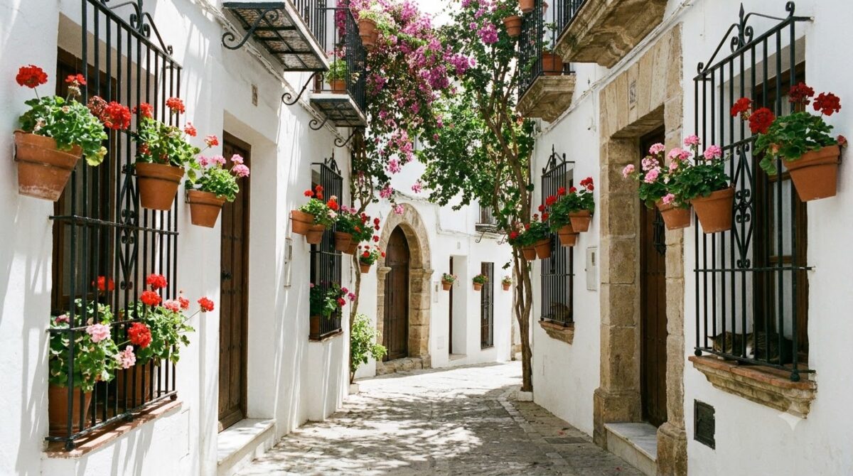 A narrow whitewashed lane with geraniums in the Barrio Santa Cruz, Seville