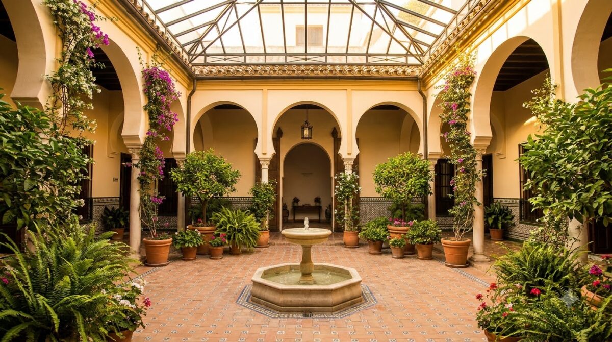 An Andalusian courtyard with tiles, a fountain and arched galleries