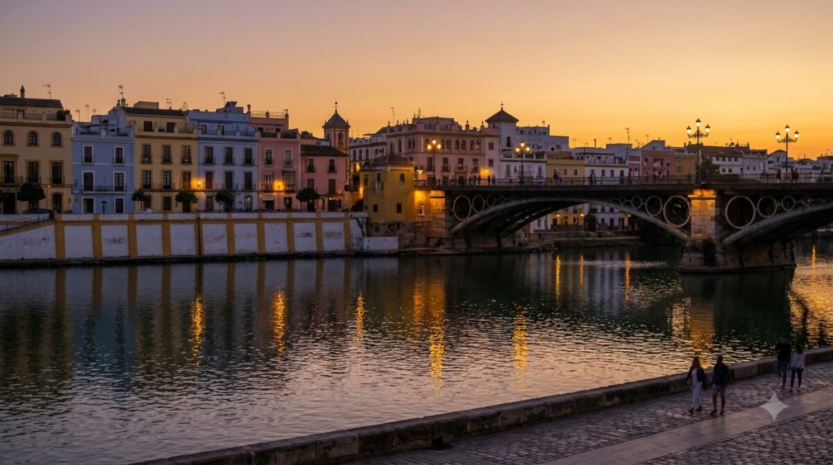The Triana riverside in Seville at dusk with pastel buildings