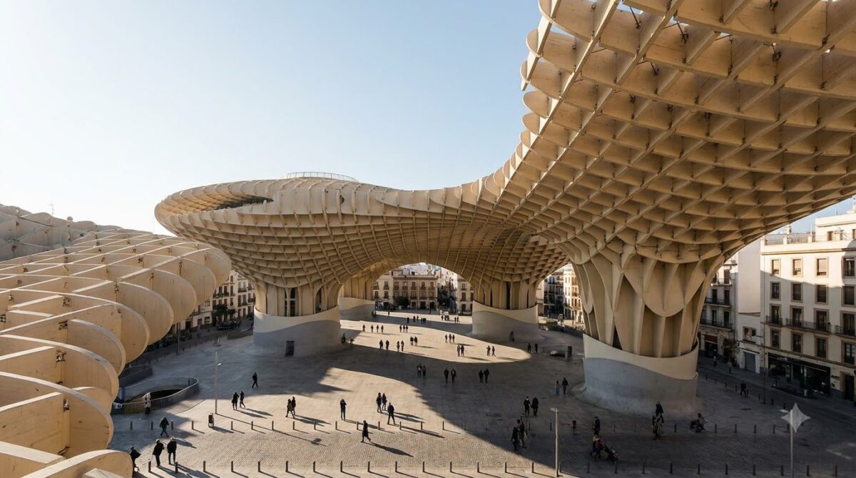 The Metropol Parasol wooden structure above a square in Seville