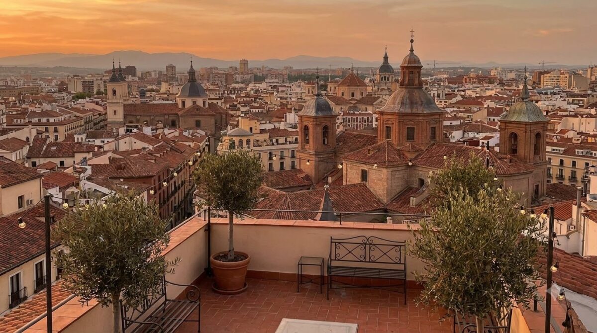 A rooftop view over the roofs of Madrid at sunset