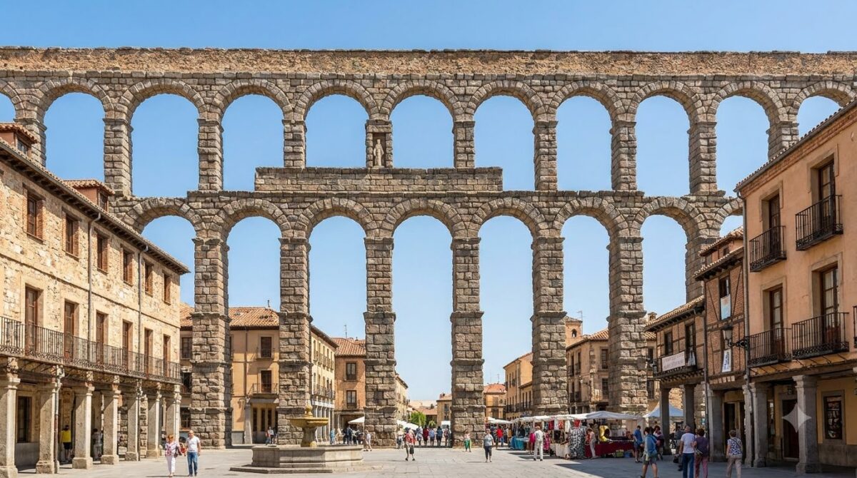 The Roman aqueduct crossing a square in Segovia, Spain