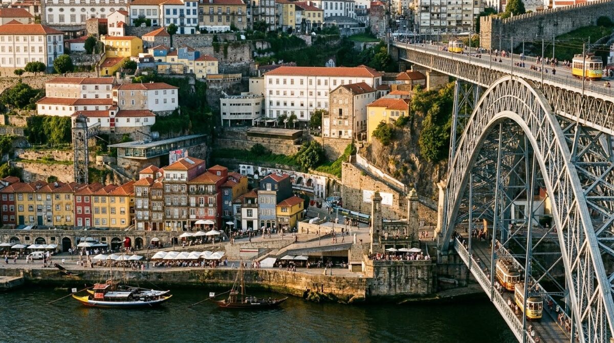Colourful narrow houses along the Ribeira quay in Porto with the iron bridge behind