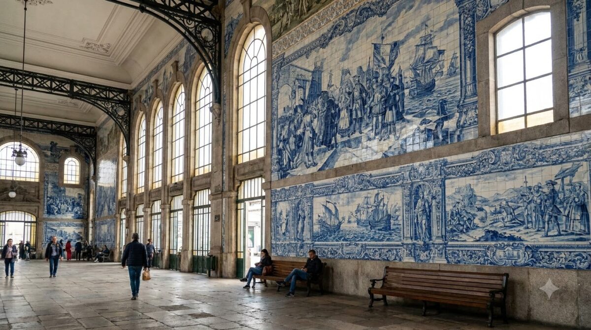 Blue and white painted tiles covering the hall of Sao Bento station in Porto