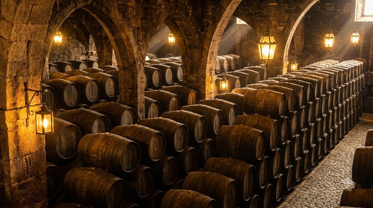 Wooden port wine barrels stacked in a dim stone cellar in Vila Nova de Gaia