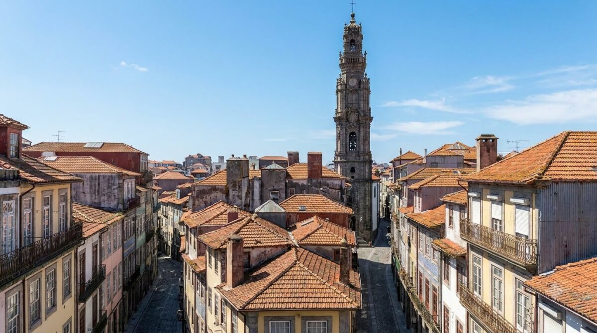 The baroque Clerigos bell tower above the rooftops of Porto