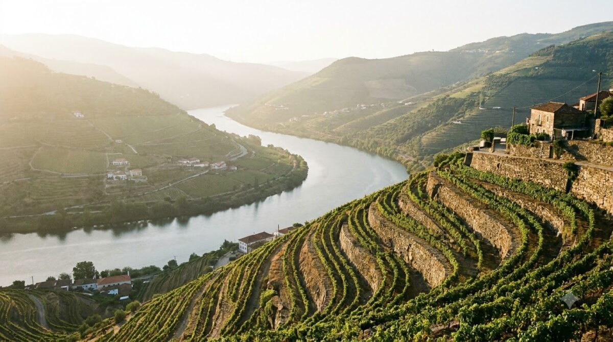 Terraced vineyards descending to the Douro river in northern Portugal
