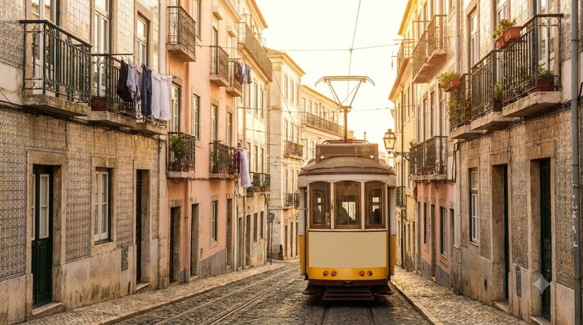 A yellow tram climbing a steep narrow street in Lisbon