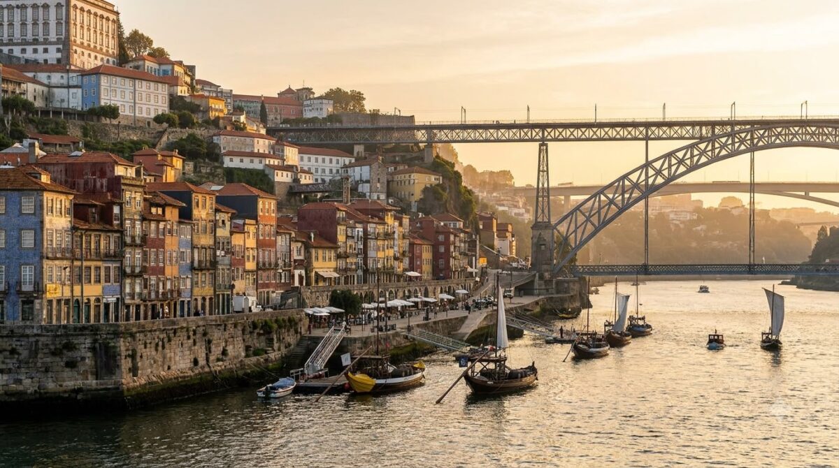Colourful houses along the Porto riverfront with the iron bridge behind
