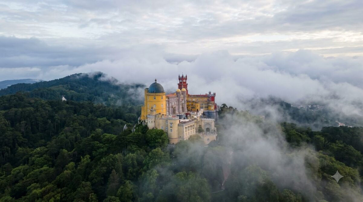 A colourful romantic palace on a forested hilltop at Sintra, Portugal