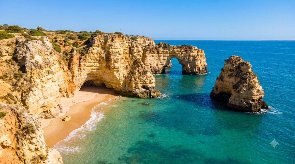 Golden sandstone cliffs above a cove beach in the Algarve, Portugal