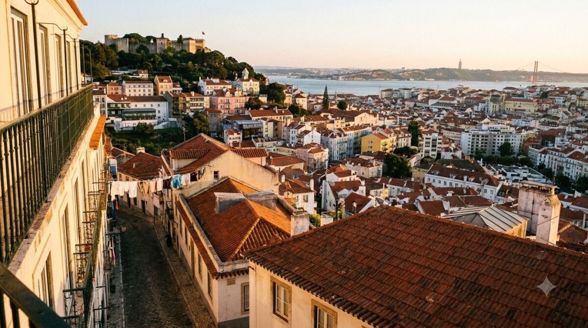 The rooftops of Alfama in Lisbon looking down to the Tagus river
