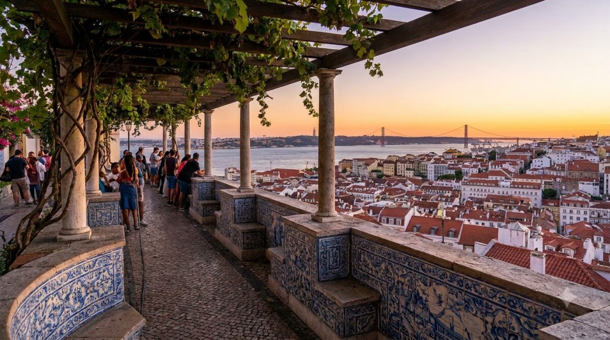 A viewpoint terrace looking over Lisbon toward the red suspension bridge