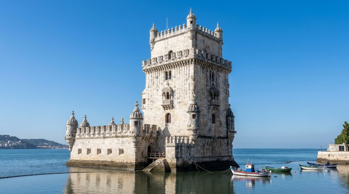 The Belem Tower standing at the edge of the Tagus river in Lisbon