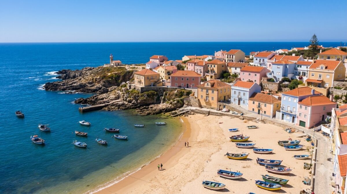 The coastal town of Cascais near Lisbon with a sandy bay and boats