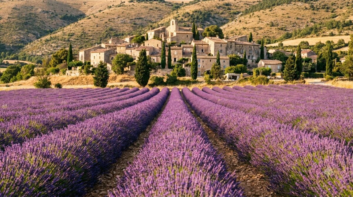 Lavender fields in bloom below a stone hilltop village in Provence