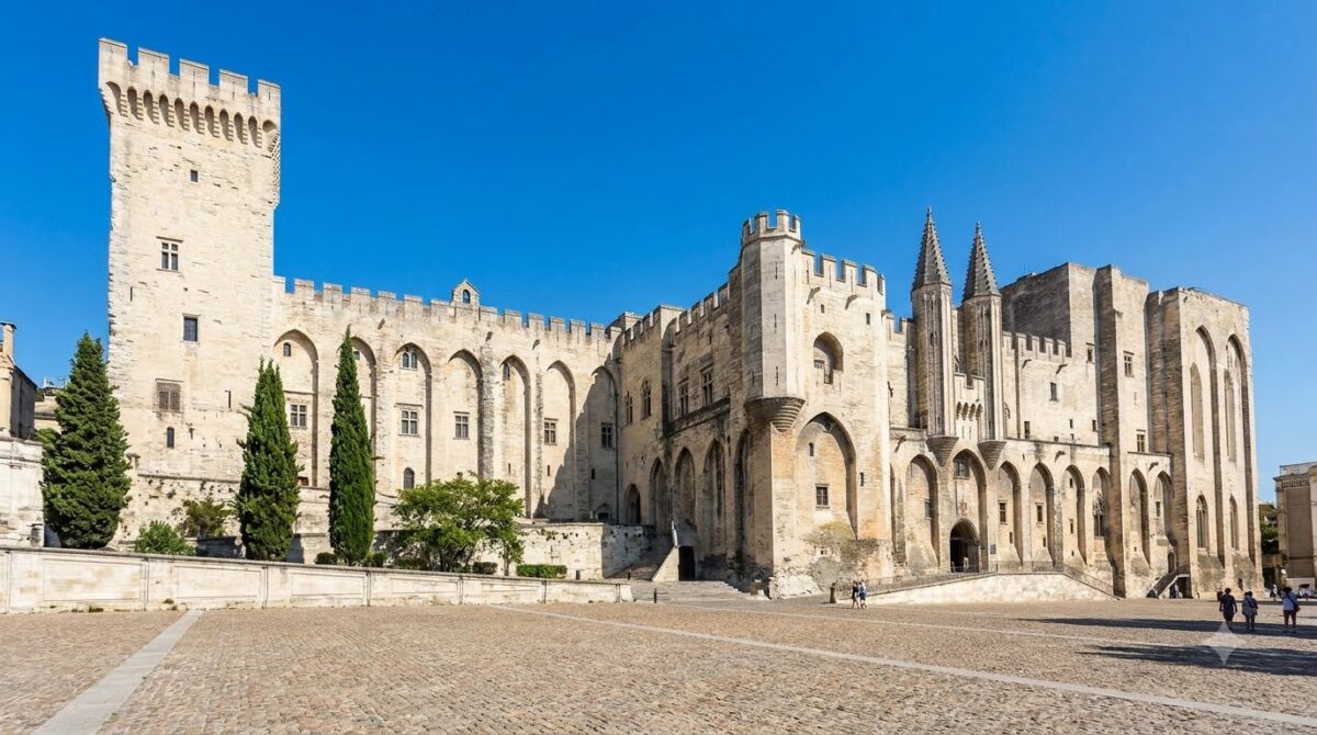 The medieval Papal Palace facade above the square in Avignon