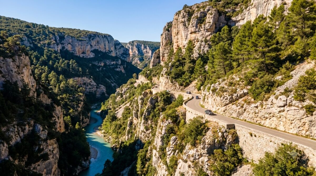 The turquoise river far below the limestone cliffs of the Verdon Gorge