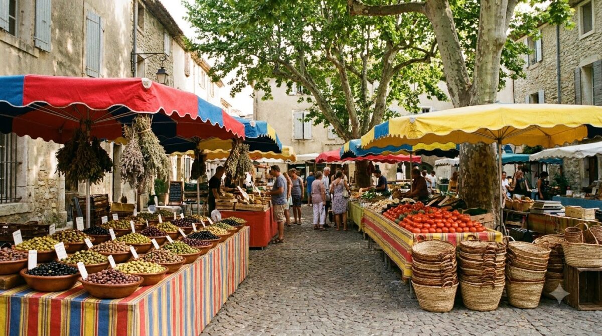 A Provencal market with stalls of olives, herbs and baskets under awnings