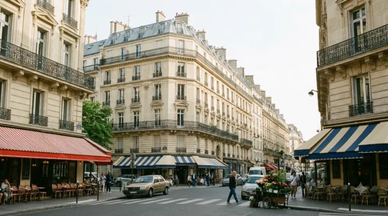 A Paris boulevard of cream Haussmann buildings with iron balconies