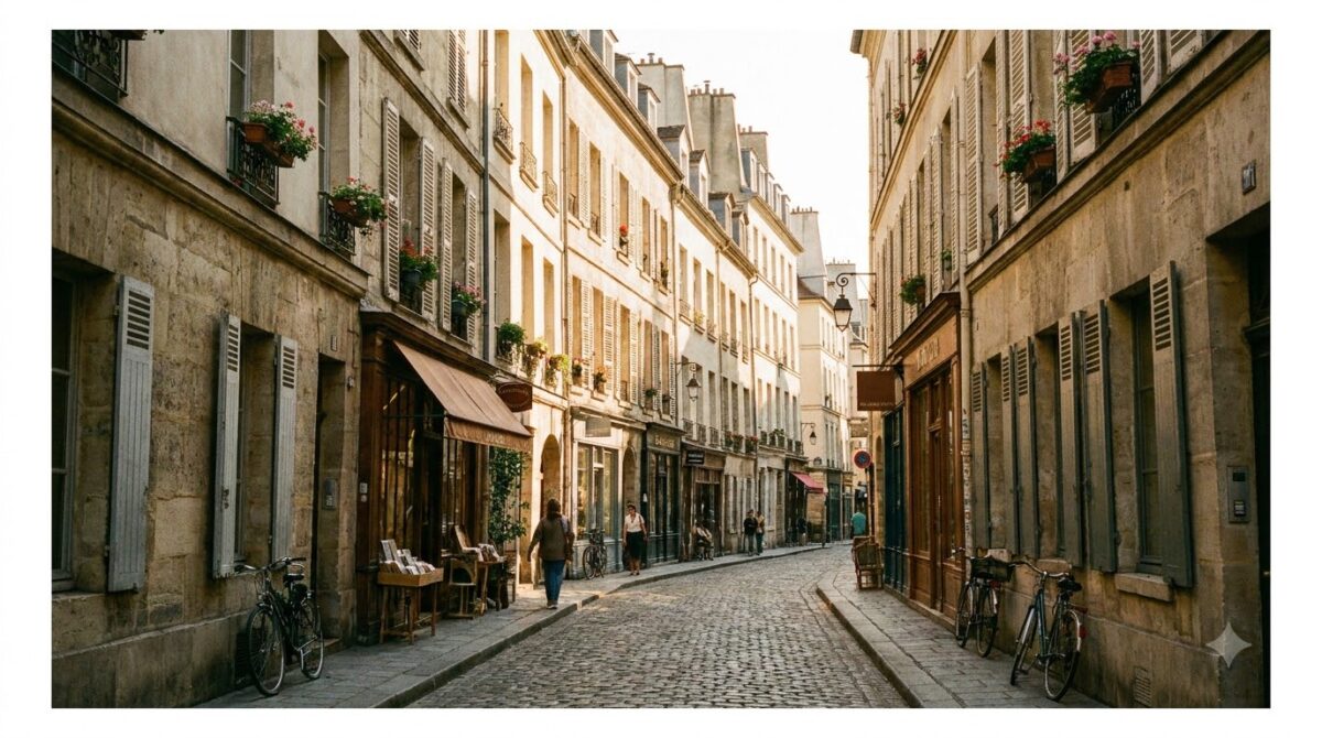 A narrow street of old townhouses in the Marais district of Paris