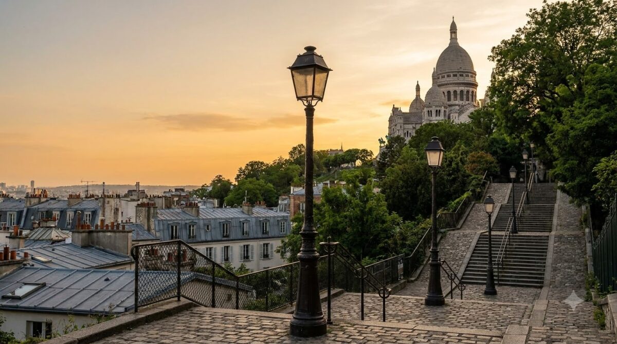 Stone steps climbing a hill in Montmartre with the basilica above