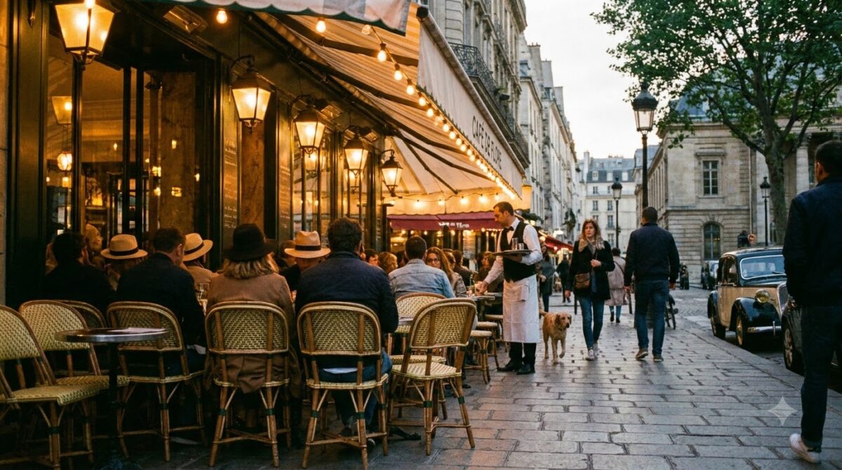 A Parisian cafe terrace with rattan chairs under an awning