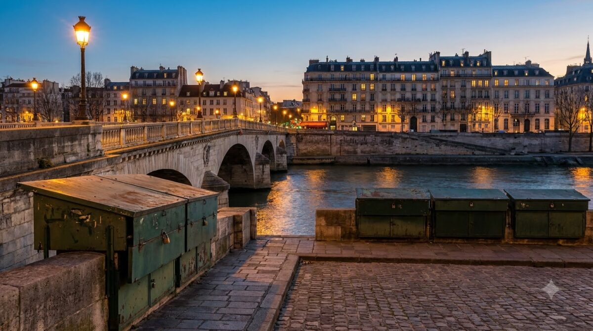The Seine riverbank in Paris at dusk with a lit bridge