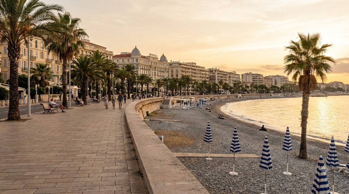 The Promenade des Anglais curving along the bay at Nice