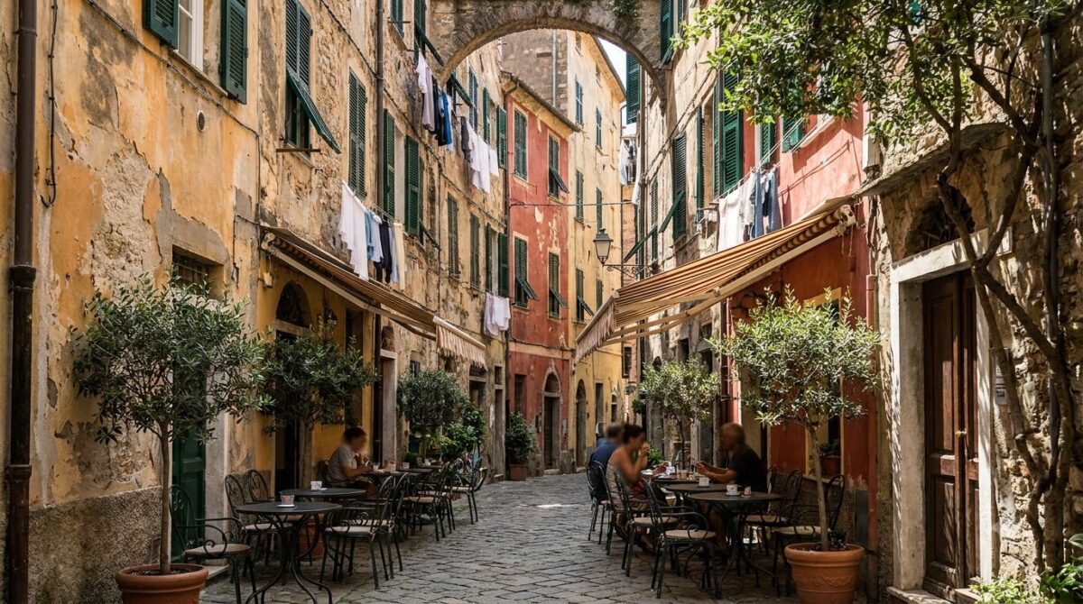 A narrow lane of ochre buildings with shutters in Vieux Nice
