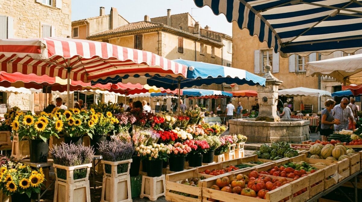 Flower and produce stalls under awnings at the Cours Saleya market in Nice