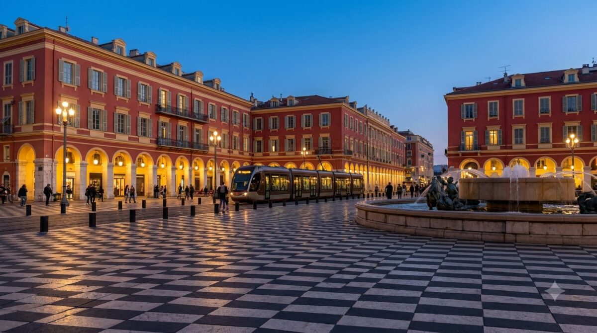 The red arcaded buildings and fountain of Place Massena in Nice at dusk