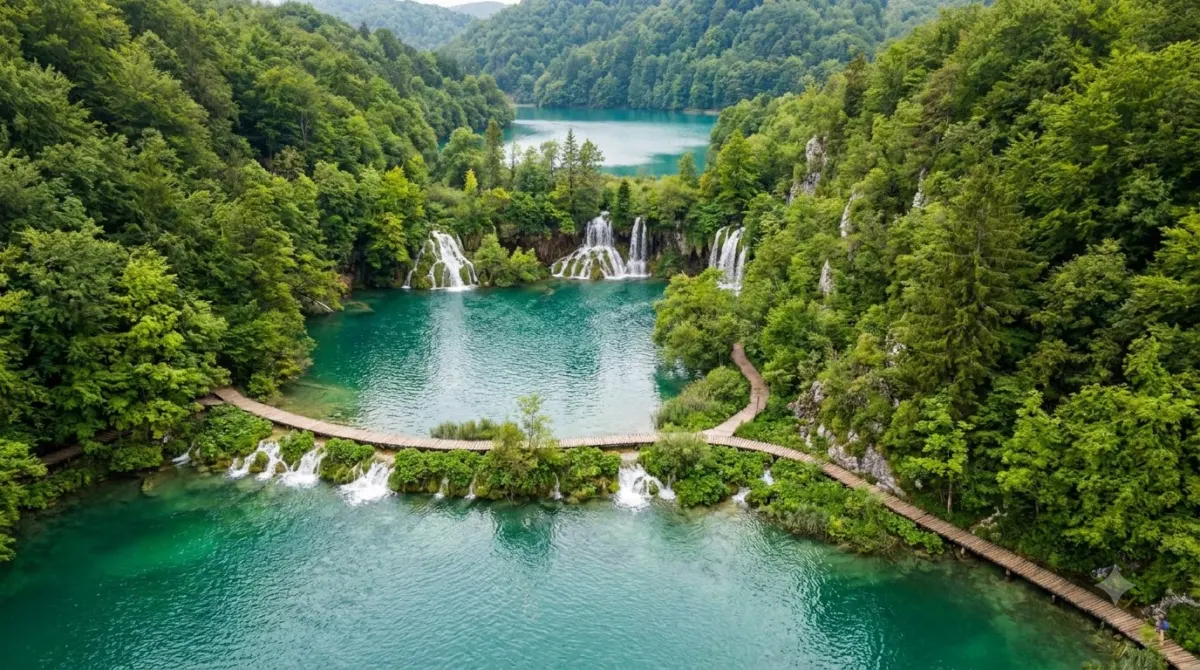 Turquoise terraced lakes and waterfalls with wooden boardwalks at Plitvice