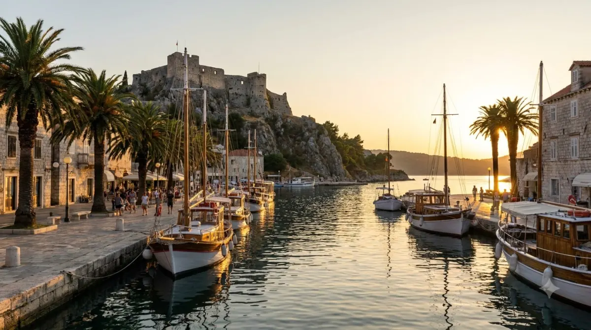 A stone harbour with sailing boats and a hilltop fortress on Hvar island