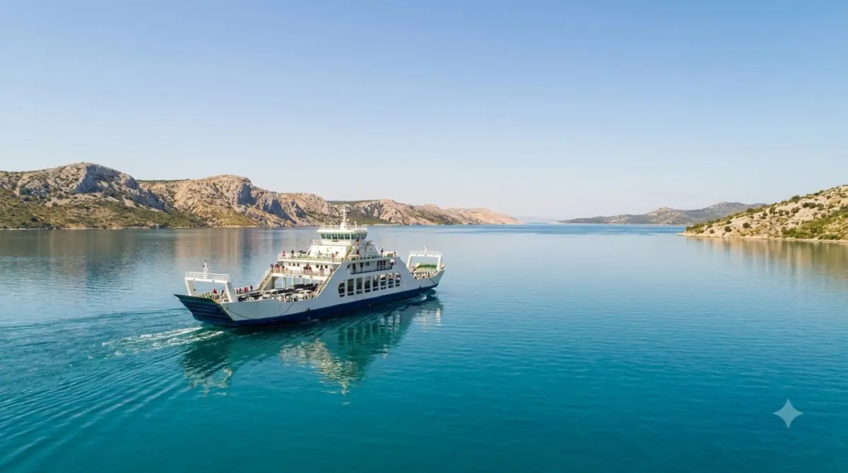 A car ferry crossing blue Adriatic water between rocky Croatian islands