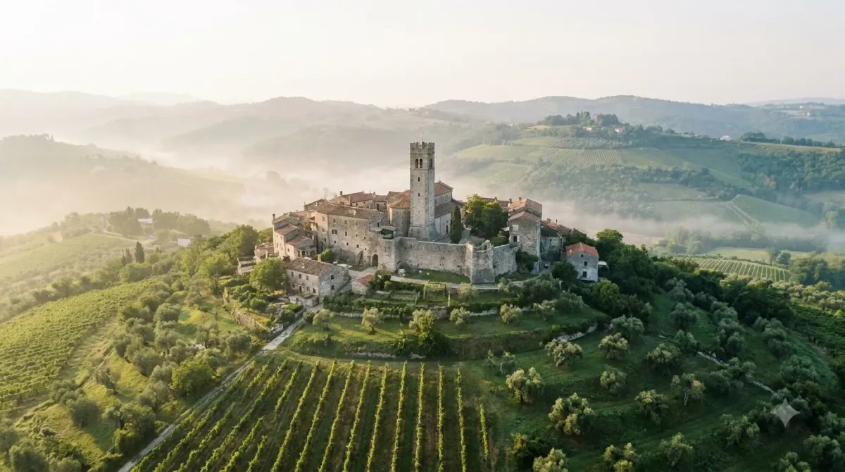 A stone hilltop town among vineyards and olive groves in Istria