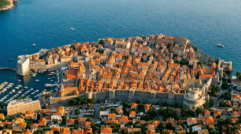 The walled old town of Dubrovnik with terracotta roofs beside the Adriatic