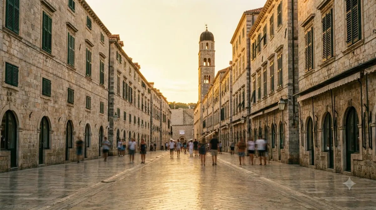 The polished limestone Stradun main street in Dubrovnik old town