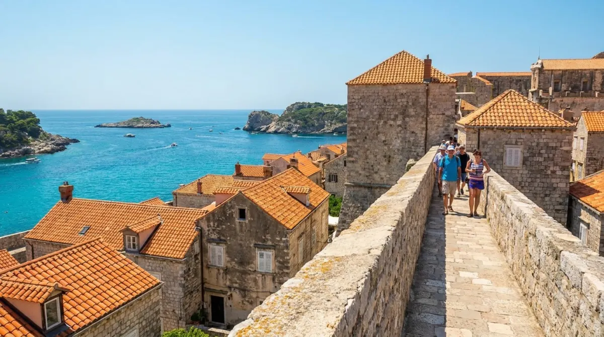 The rampart walkway on top of the Dubrovnik city walls above the rooftops