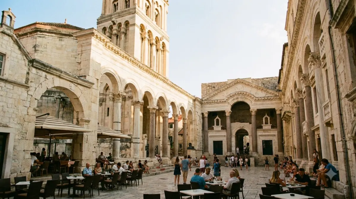 The Peristyle courtyard of Diocletian Palace in Split with Roman columns