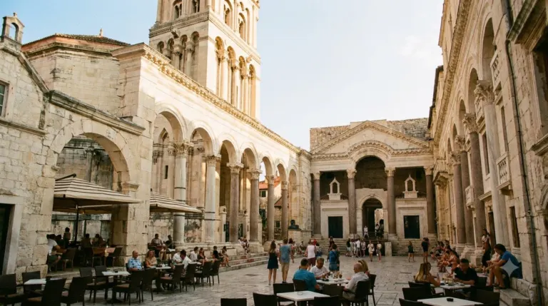 The Peristyle courtyard of Diocletian Palace in Split with Roman columns