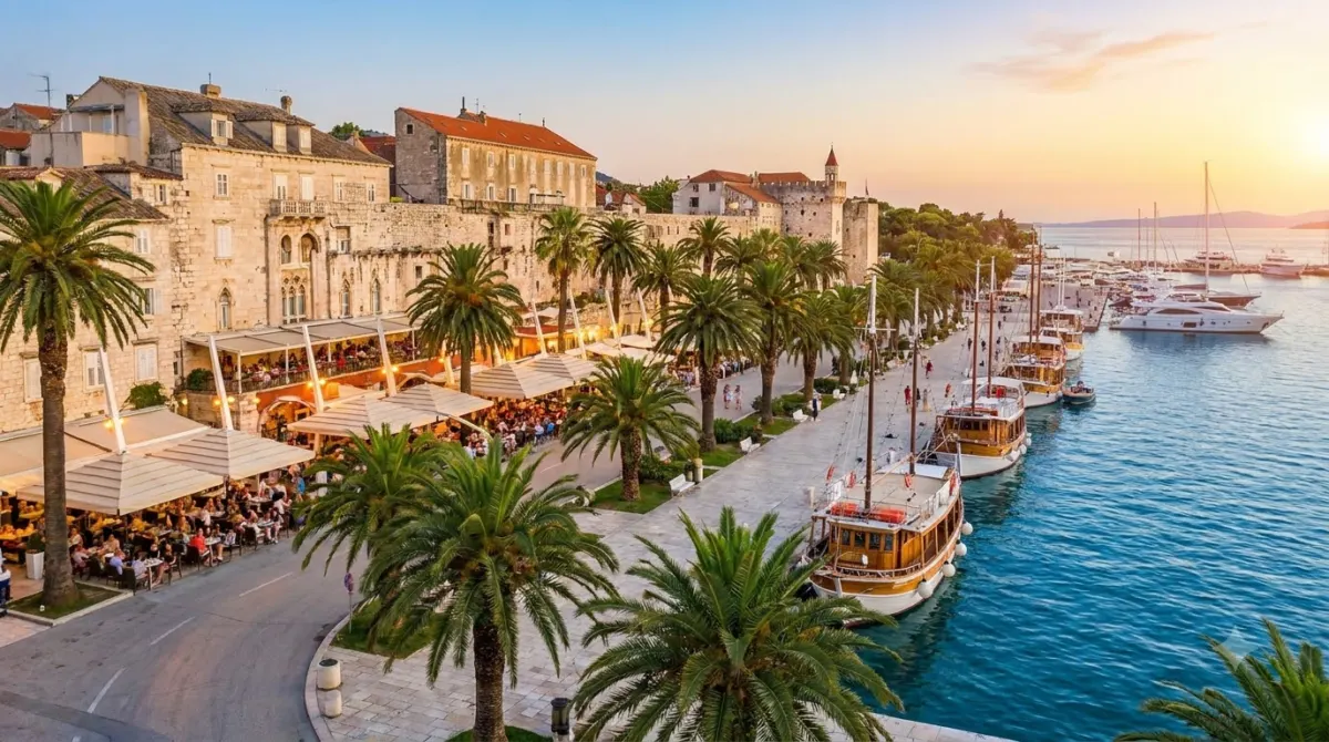 The palm lined Riva waterfront promenade in front of the palace wall in Split