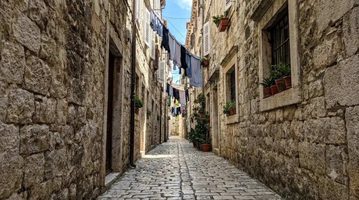 A very narrow limestone alley between tall ancient walls in Split old town