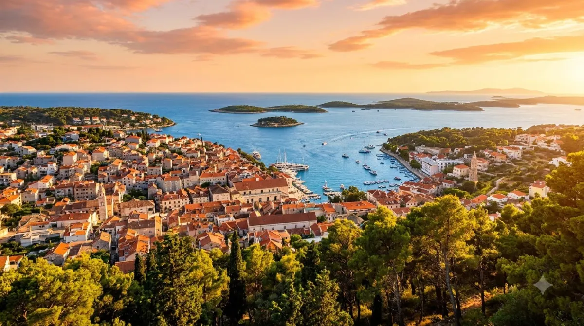 A view over the terracotta roofs and harbour of Split from pine covered Marjan Hill
