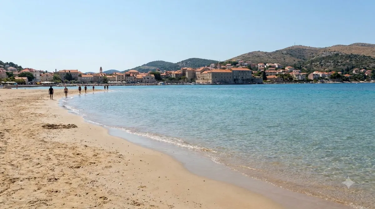 The shallow sandy bay of Bacvice beach with the city behind it in Split