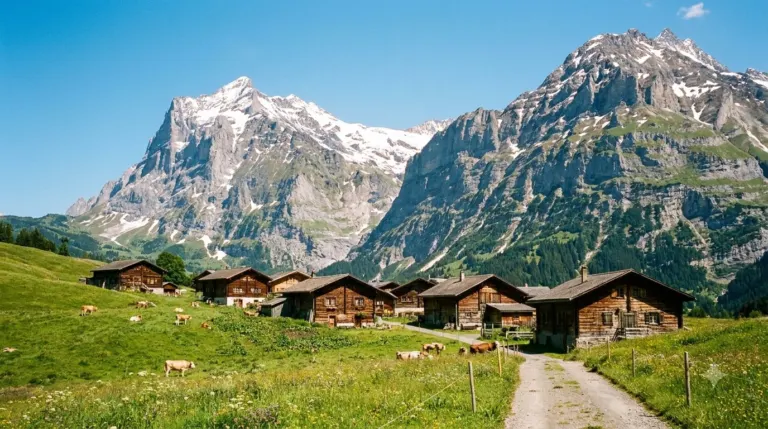 A chalet village on an alpine meadow below huge rock faces in Switzerland