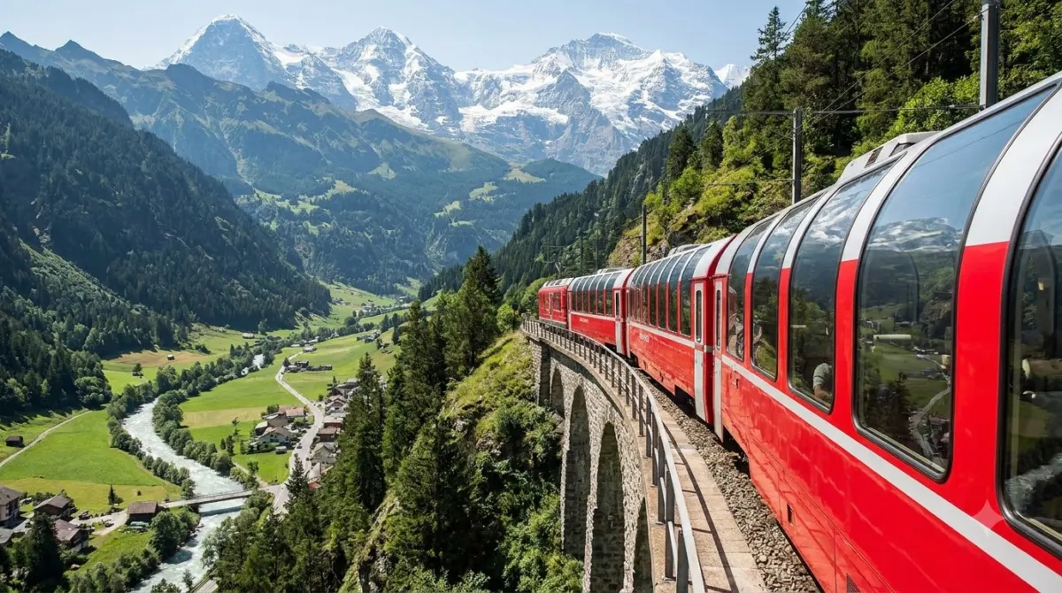 A red panoramic train on a viaduct above a green Swiss valley