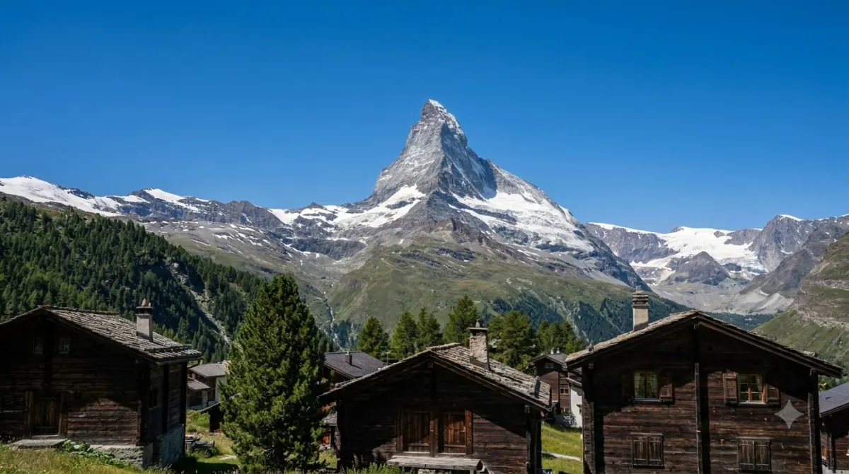 The Matterhorn rising above the chalets of Zermatt in Switzerland