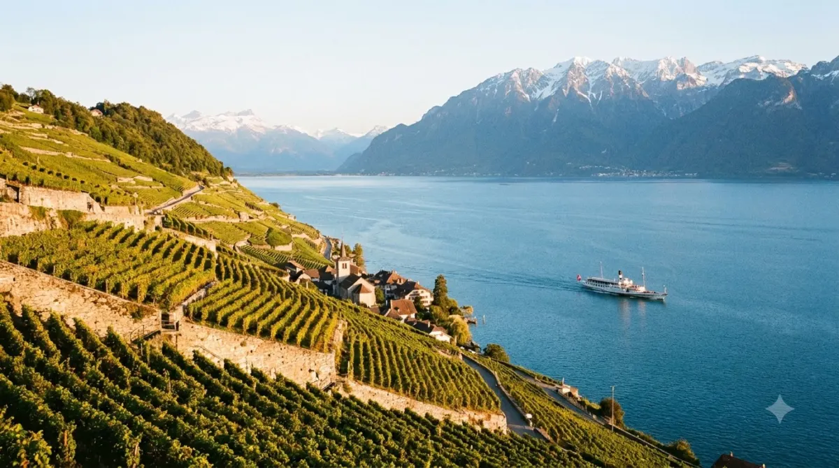 Terraced vineyards above Lake Geneva with mountains on the far shore